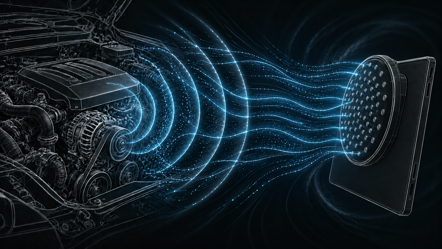 Expanding sound wavefronts travelling from a line-drawn engine bay across a tablet-mounted microphone array